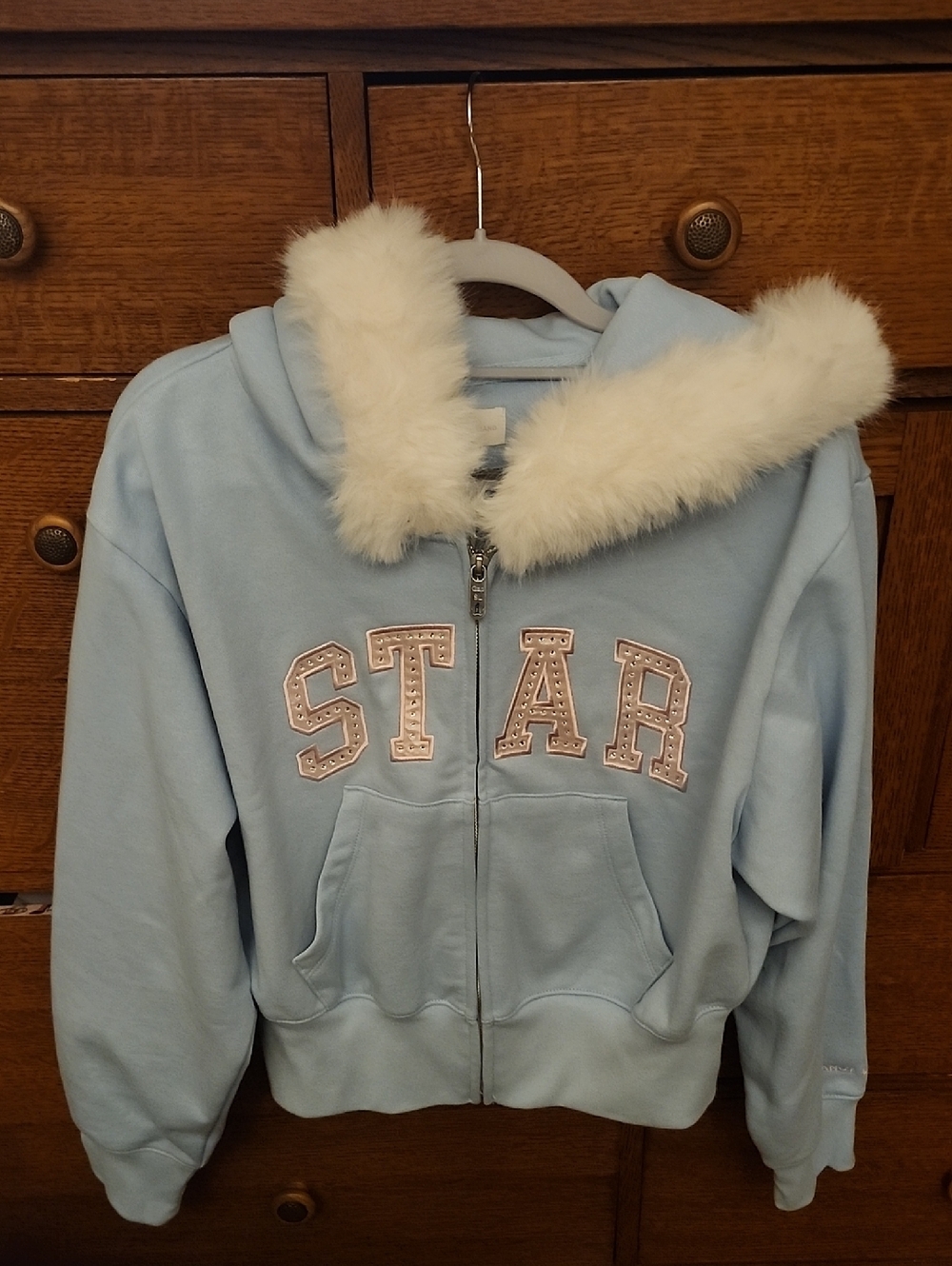 Sandy Liang For Gap Light Blue STAR Zip Hoodie with Faux Fur Trim